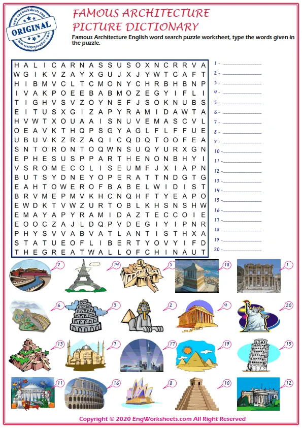 Famous Architecture English word search puzzle worksheet, type the words given in the puzzle.