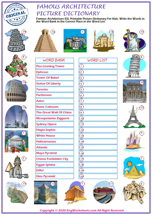 Famous Architecture ESL Printable Picture Dictionary For Kids. Write the Words in the Word Bank in the Correct Place in the Word List.