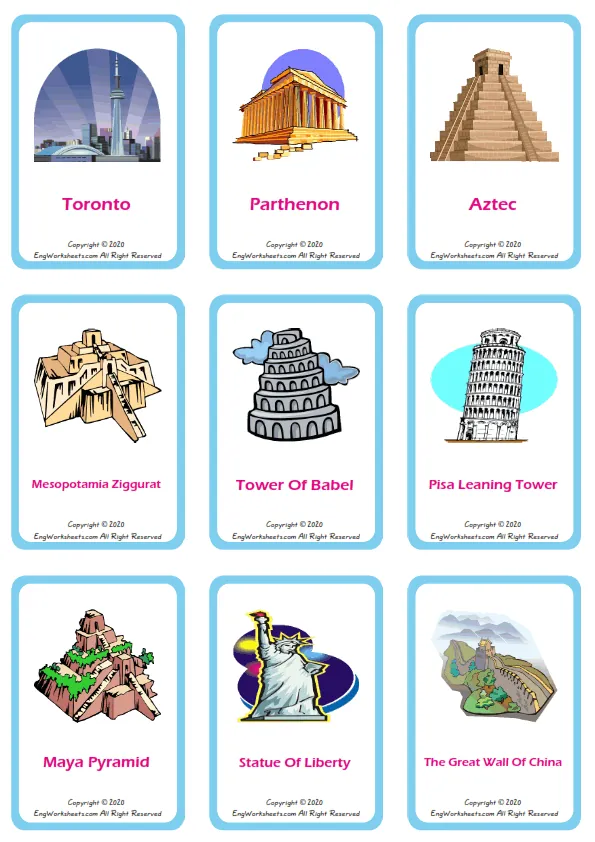Famous Architecture vocabulary worksheet with words, nine images per page