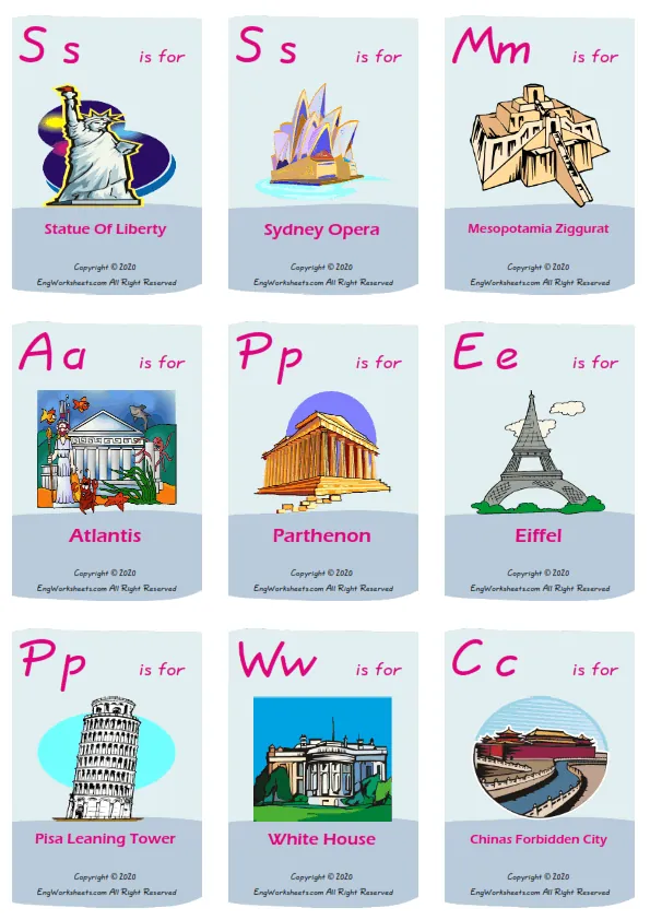 Famous Architecture vocabulary worksheet with words, nine images per page