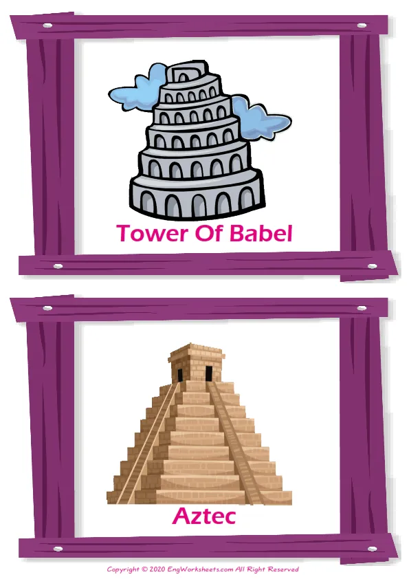 Famous Architecture vocabulary worksheet with words, two images per page
