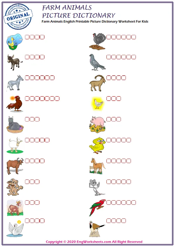 Farm Animals English Printable Picture Dictionary Worksheet For Kids