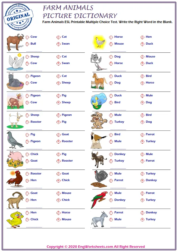 Farm Animals ESL Printable Multiple Choice Test. Write the Right Word in the Blank.