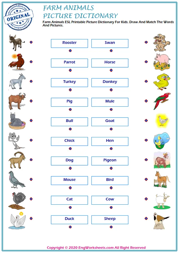 Farm Animals ESL Printable Picture Dictionary For Kids. Draw And Match The Words And Pictures.