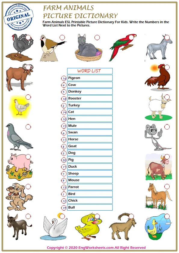 Farm Animals ESL Printable Picture Dictionary For Kids. Write the Numbers in the Word List Next to the Pictures.