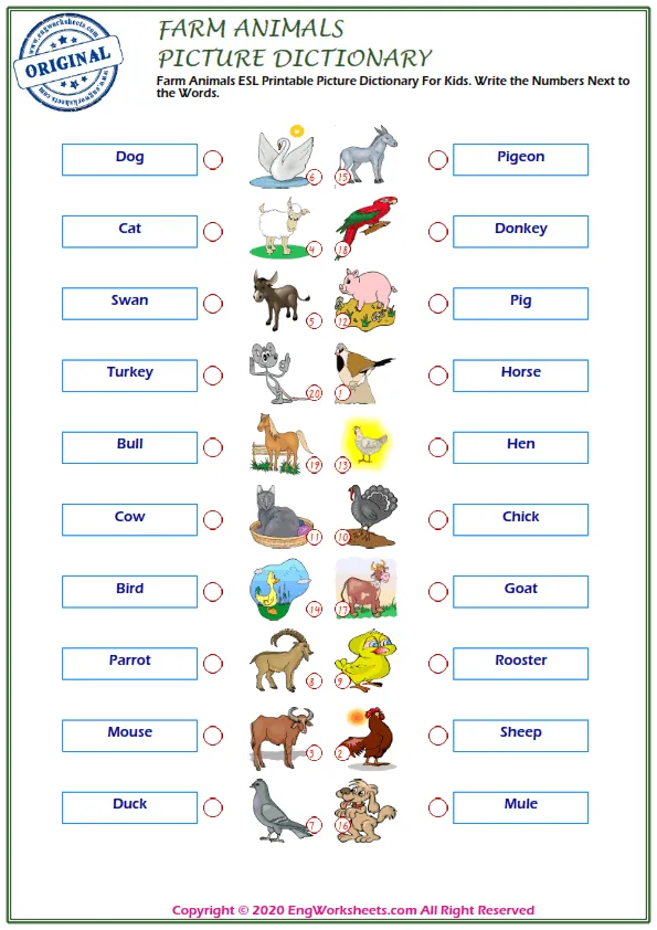 Farm Animals ESL Printable Picture Dictionary For Kids. Write the Numbers Next to the Words.