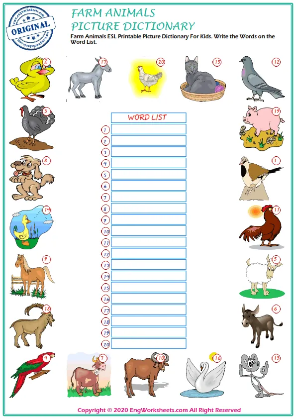Farm Animals ESL Printable Picture Dictionary For Kids. Write the Words on the Word List.