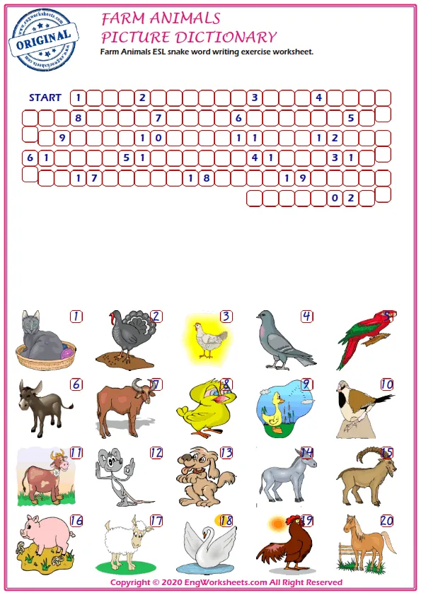 Farm Animals ESL snake word writing exercise worksheet.