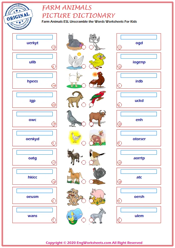 Farm Animals ESL Unscramble the Words Worksheets For Kids