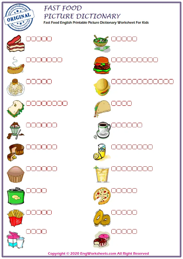 Fast Food English Printable Picture Dictionary Worksheet For Kids
