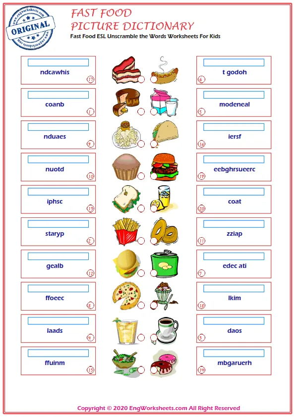 Fast Food ESL Unscramble the Words Worksheets For Kids