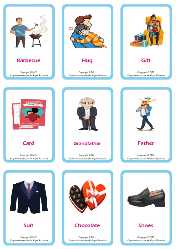 Father's Day vocabulary worksheet with words, nine images per page