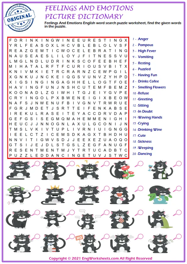 Feelings And Emotions English word search puzzle worksheet, find the given words in the puzzle.