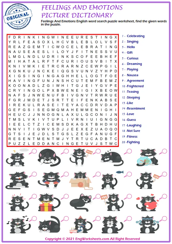 Feelings And Emotions English word search puzzle worksheet, find the given words in the puzzle.