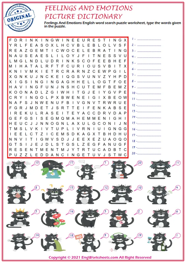 Feelings And Emotions English word search puzzle worksheet, type the words given in the puzzle.