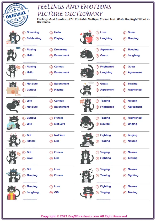 Feelings And Emotions ESL Printable Multiple Choice Test. Write the Right Word in the Blank.