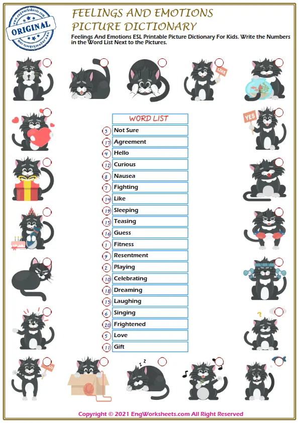 Feelings And Emotions ESL Printable Picture Dictionary For Kids. Write the Numbers in the Word List Next to the Pictures.