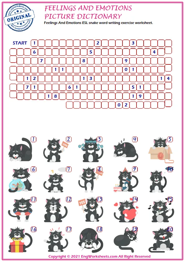 Feelings And Emotions ESL snake word writing exercise worksheet.