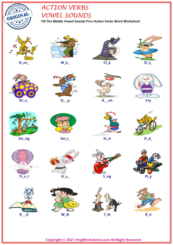 Fill The Middle Vowel Sounds Free Action Verbs Word Worksheet