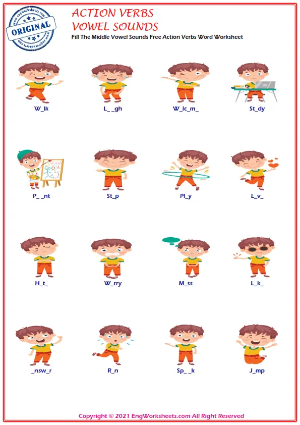 Fill The Middle Vowel Sounds Free Action Verbs Word Worksheet