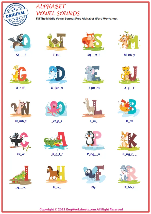 Fill The Middle Vowel Sounds Free Alphabet Word Worksheet