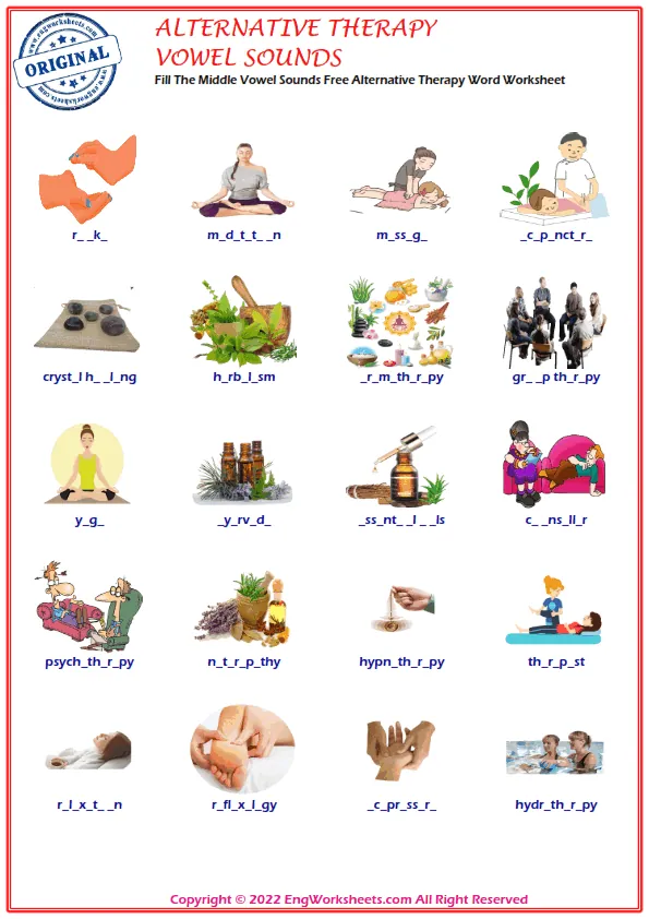 Fill The Middle Vowel Sounds Free Alternative Therapy Word Worksheet