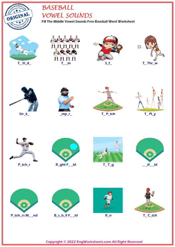 Fill The Middle Vowel Sounds Free Baseball Word Worksheet