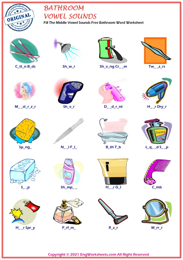 Fill The Middle Vowel Sounds Free Bathroom Word Worksheet