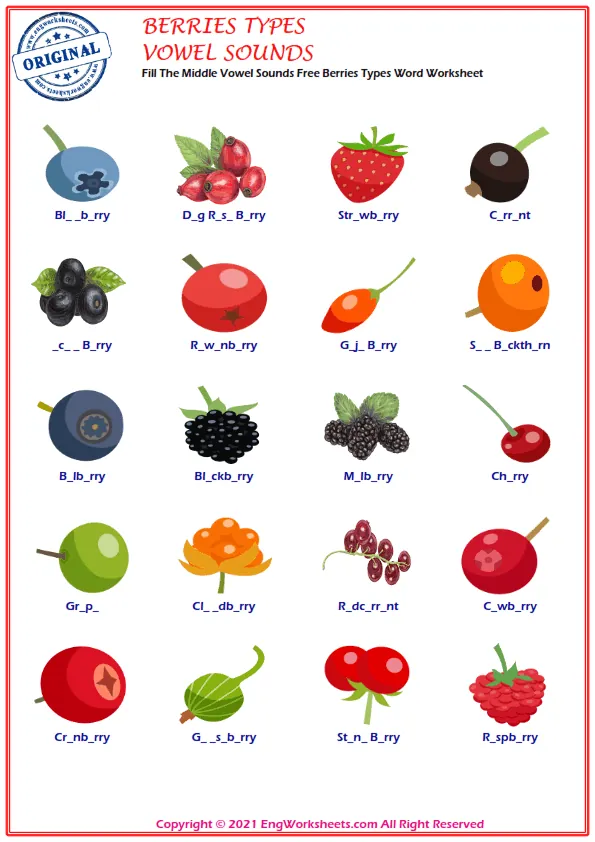Fill The Middle Vowel Sounds Free Berries Types Word Worksheet