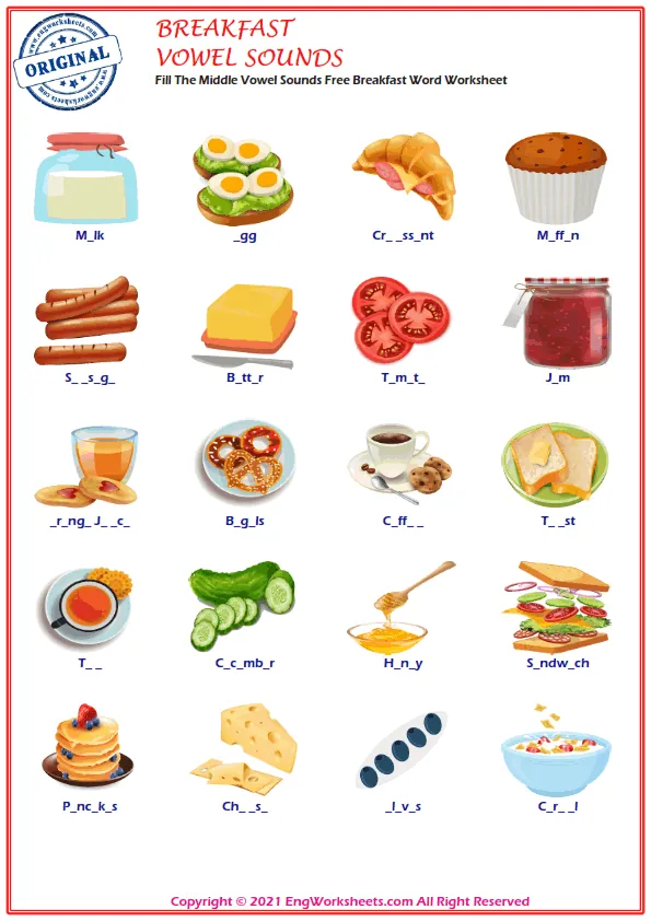 Fill The Middle Vowel Sounds Free Breakfast Word Worksheet