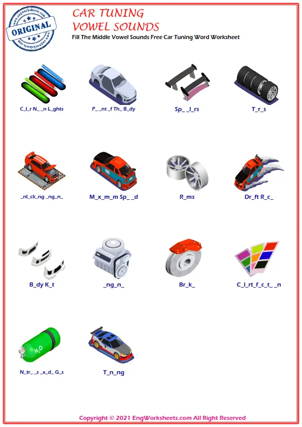 Fill The Middle Vowel Sounds Free Car Tuning Word Worksheet