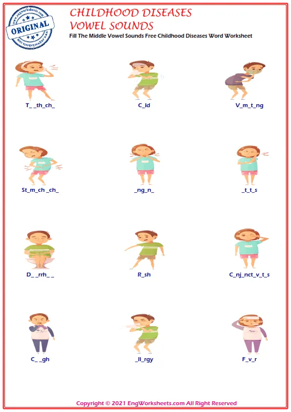 Fill The Middle Vowel Sounds Free Childhood Diseases Word Worksheet