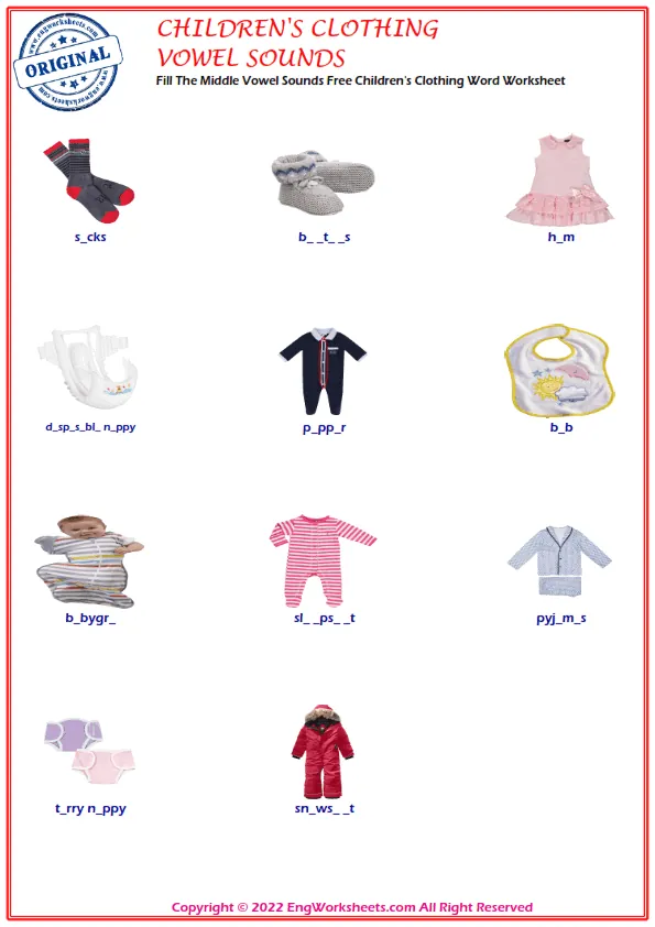 Fill The Middle Vowel Sounds Free Children's Clothing Word Worksheet