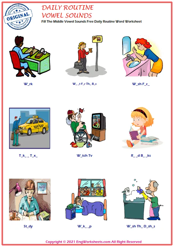 Fill The Middle Vowel Sounds Free Daily Routine Word Worksheet
