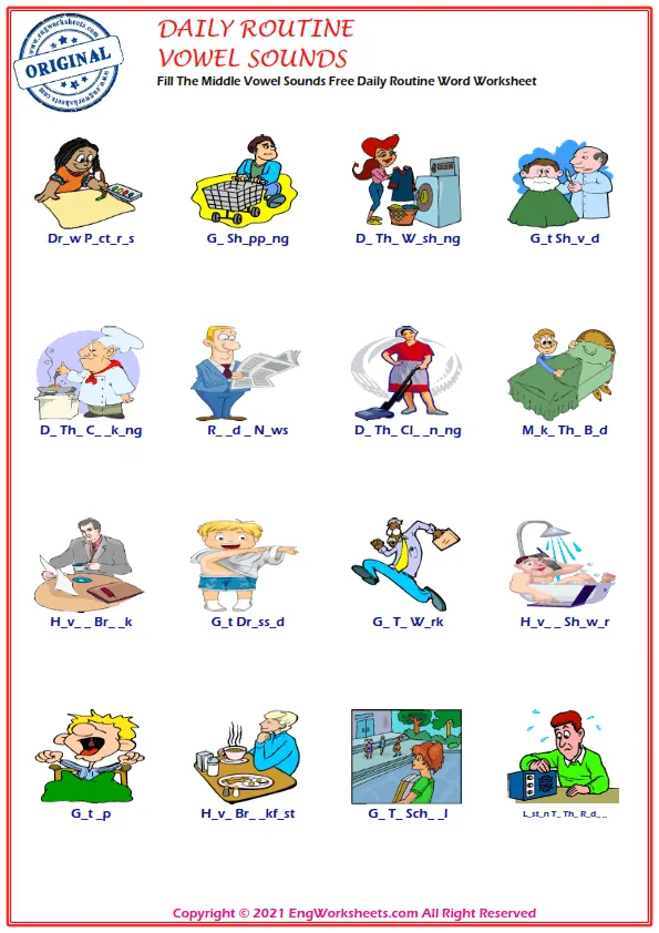 Fill The Middle Vowel Sounds Free Daily Routine Word Worksheet