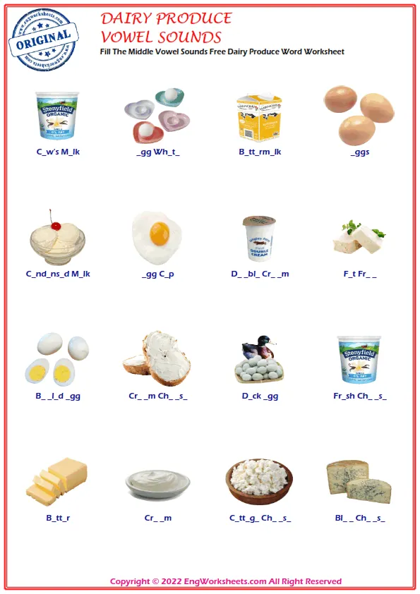 Fill The Middle Vowel Sounds Free Dairy Produce Word Worksheet