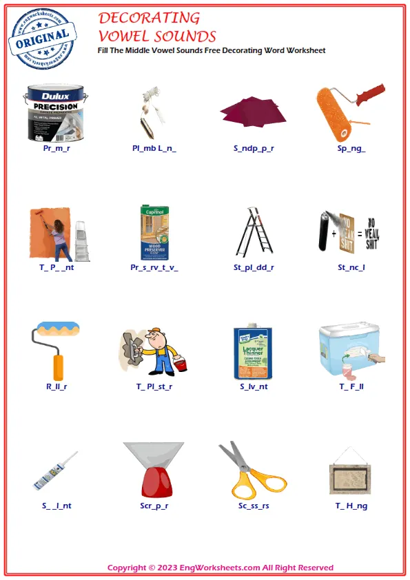 Fill The Middle Vowel Sounds Free Decorating Word Worksheet