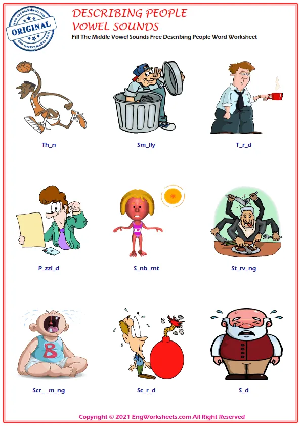 Fill The Middle Vowel Sounds Free Describing People Word Worksheet