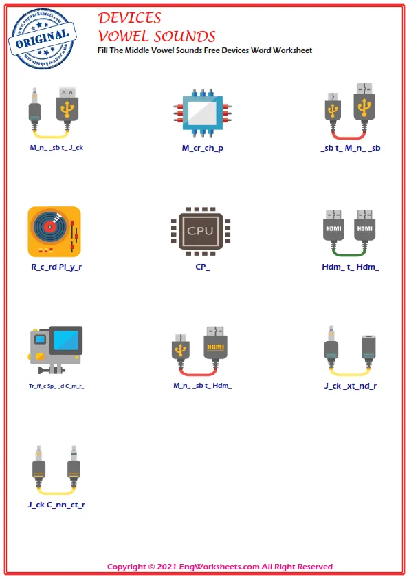 Fill The Middle Vowel Sounds Free Devices Word Worksheet