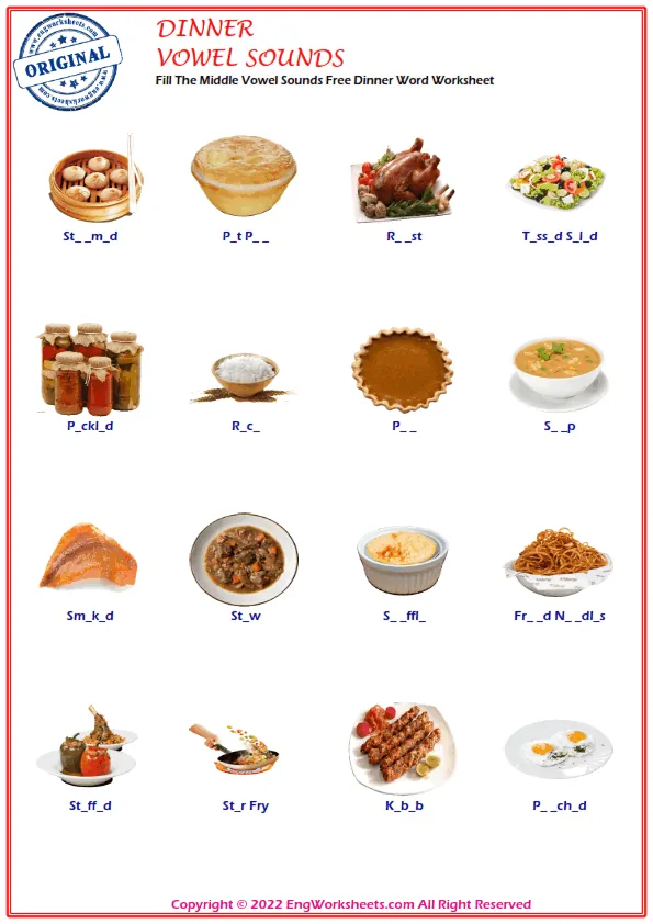 Fill The Middle Vowel Sounds Free Dinner Word Worksheet