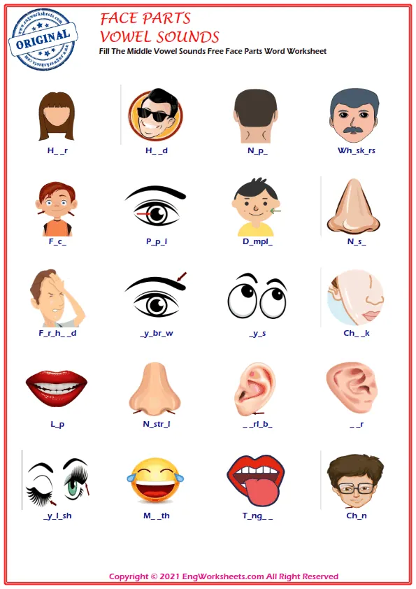 Fill The Middle Vowel Sounds Free Face Parts Word Worksheet