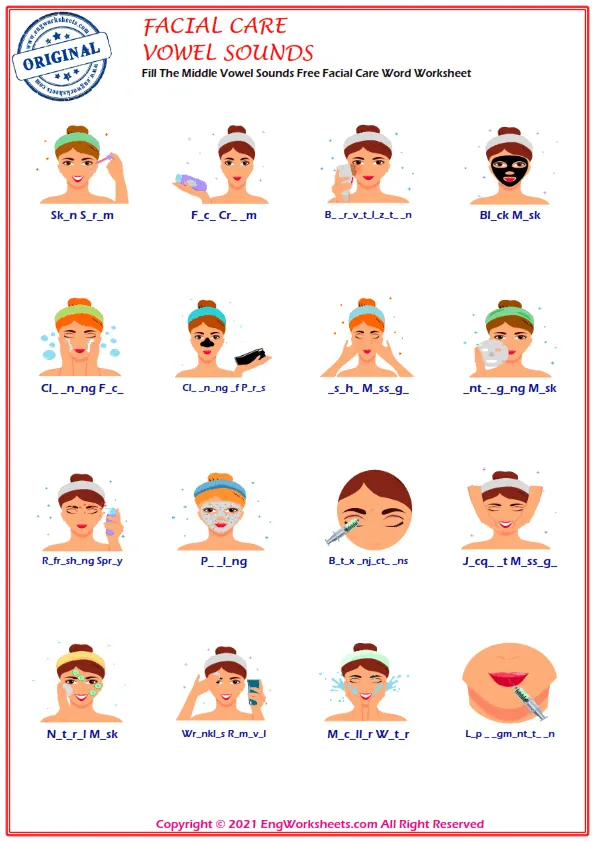 Fill The Middle Vowel Sounds Free Facial Care Word Worksheet