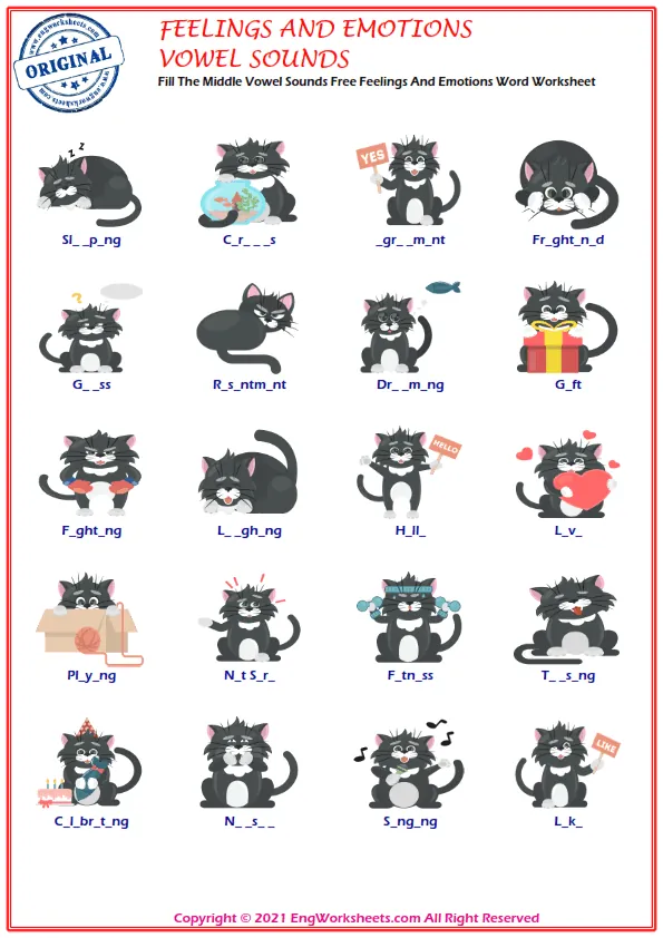 Fill The Middle Vowel Sounds Free Feelings And Emotions Word Worksheet
