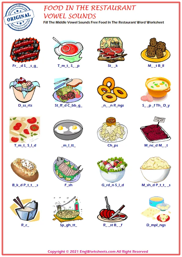 Fill The Middle Vowel Sounds Free Food In The Restaurant Word Worksheet