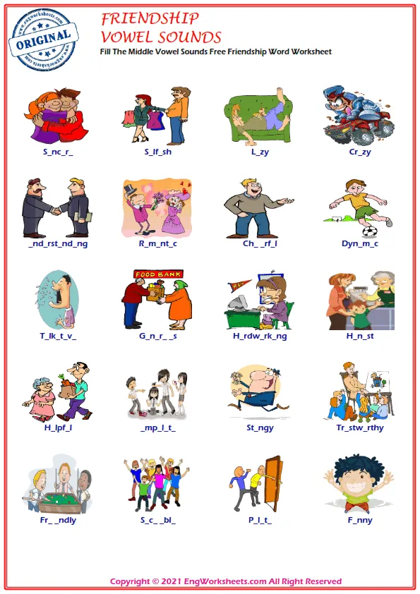 Fill The Middle Vowel Sounds Free Friendship Word Worksheet