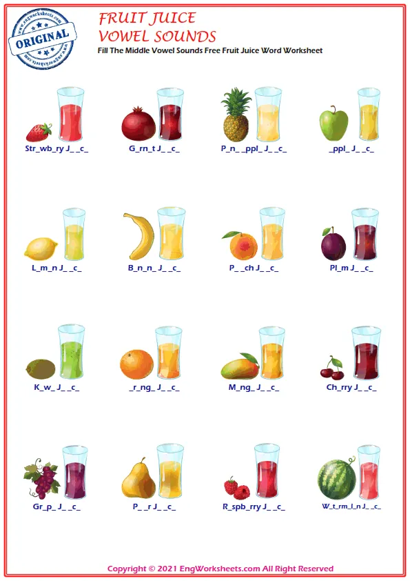 Fill The Middle Vowel Sounds Free Fruit Juice Word Worksheet