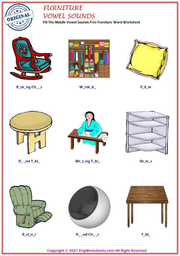Fill The Middle Vowel Sounds Free Furniture Word Worksheet
