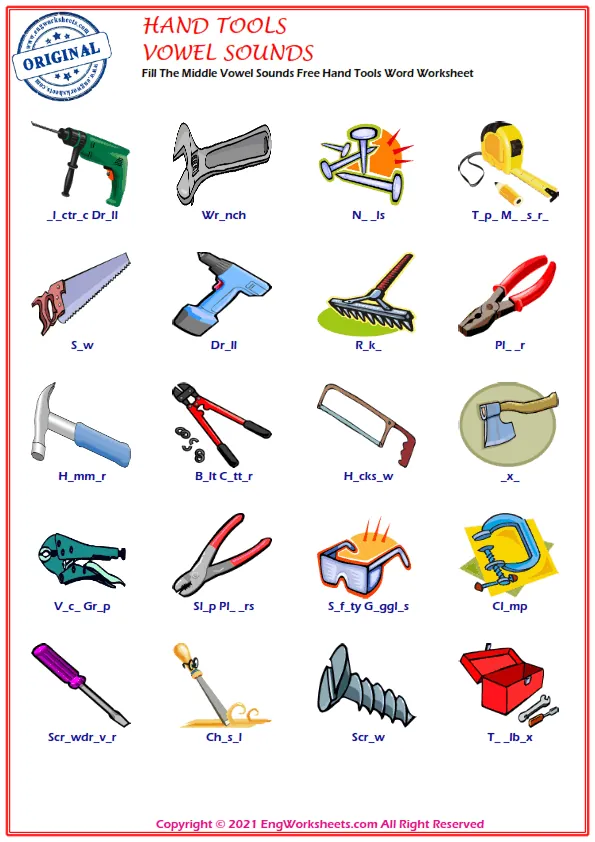 Fill The Middle Vowel Sounds Free Hand Tools Word Worksheet