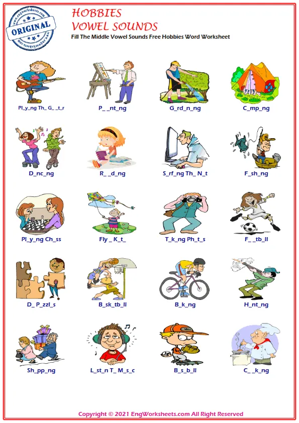 Fill The Middle Vowel Sounds Free Hobbies Word Worksheet