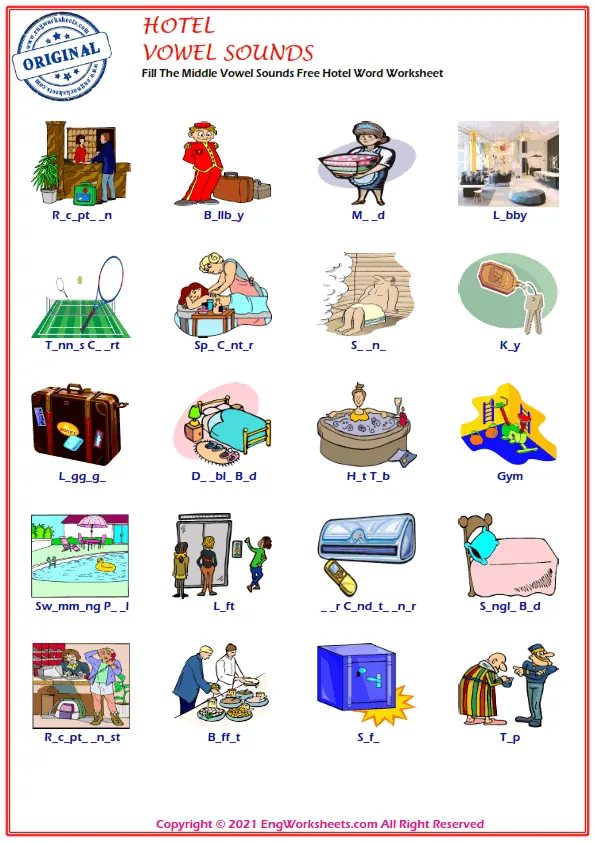 Fill The Middle Vowel Sounds Free Hotel Word Worksheet